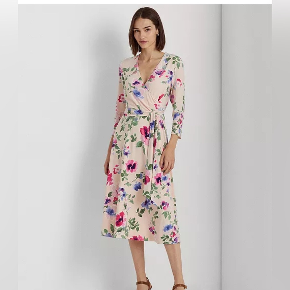 NWT Lauren Ralph Lauren‎ Pink Floral Surplice Jersey Midi Dress Size  14P